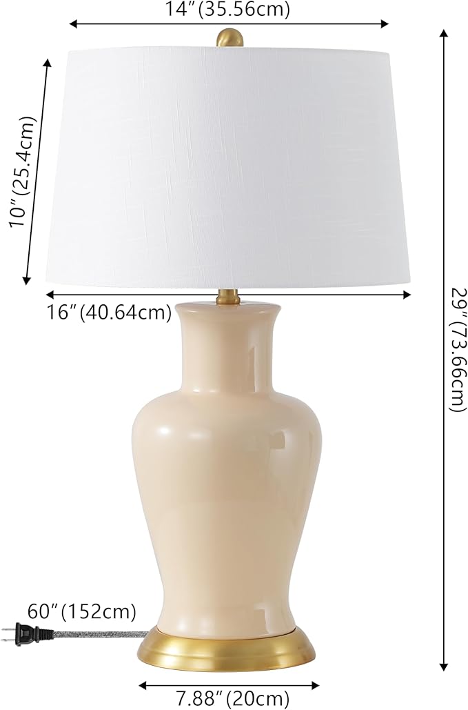 JONATHAN Y 29" Almond Traditional Ceramic Urn LED Table Lamp for Bedroom Decor, White Linen Drum Shade, Classic Nightstand Lamp for Living Room, LED Bulb Included (JYL4026D)