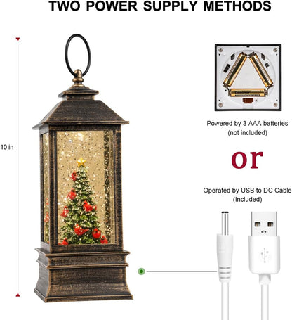 Christmas Snow Globe Lantern Water Glittering Christmas Tree with Music, USB Lined/Battery Operated Lighted Lantern for Christmas Festival Decoration Gifts