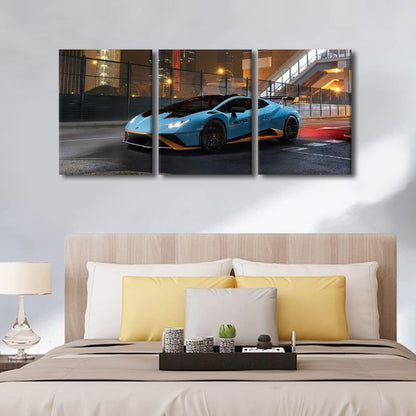 Wall Art for Living Room Blue Sports Car on the Street Canvas Wall Art Hypercar Contemporary Wall Art Posters and Prints Speed Car Modern Artwork Ready to Hang for Men Boys Bedroom Office, 36"Wx16"H