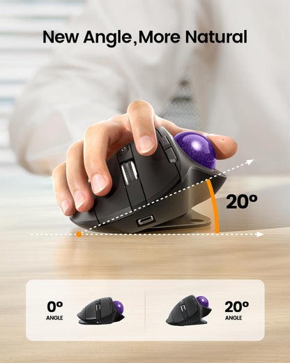 ProtoArc Wireless Trackball Mouse, EM01 NL Ergonomic Bluetooth Rollerball Thumb Rechargeable Computer Laptop Mouse, Adjustable Angle & 3 Device Connection for PC, Mac, Windows-Purple Ball