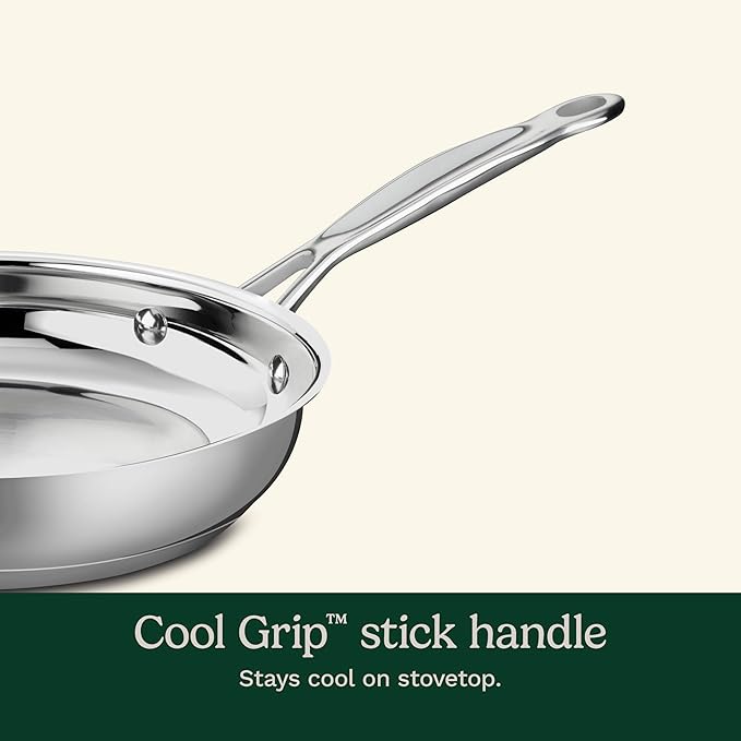 Cuisinart 8-Inch Open Skillet, Stainless Steel Skillet with Lid, Large Kitchen Pan, Dishwasher Safe, Compatible with Induction, Electric, Gas Cooktops, Oven Safe Saucepan, Cool Grip Handles