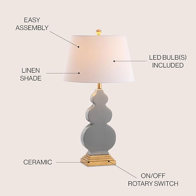 JONATHAN Y 29" Gray/Gold Ceramic Table Lamp for Bedroom Modern Bedside Lamp, White Linen Shade, Mid-Century Triple Gourd Desk Lamp for Office, LED Bulb Included (JYL3018B)