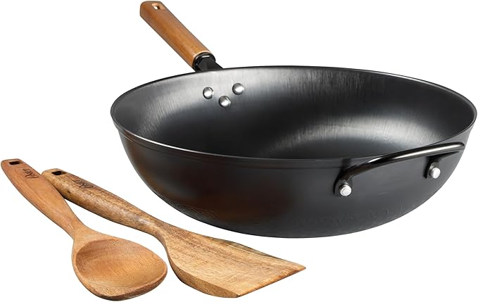 Oster Dunwood 3 Piece Carbon Steel Wok, 13.8” PFAS-Free Stir Fry Pan with Wooden Spatulas, High Heat, Oven & Stovetop Safe
