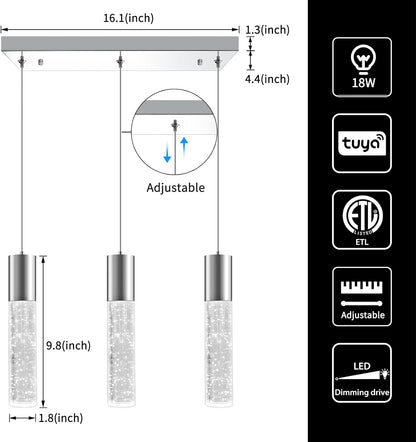 OKELI Smart 3-Light LED Pendant Lighting for Kitchen Island, 18W 1350LM Adjustable 3000K-6000K, Dimmable via TUYA App & Voice Control (Alexa/Google Home), Modern Crystal Bubble Pendant,Chrome Square