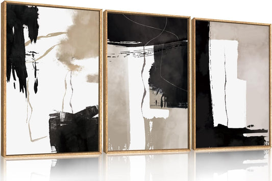 Black White Brown Framed Canvas Wall Art Set, Neutral Geometric Wall Decor, Modern Abstract Wall Painting, Minimalist Artworks for Living Room, Bedroom, Dining Room, Office - 16"x24"x3
