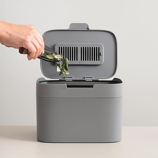 KAZAI. Compost Bin Kitchen 'Elin' | 1.2 GAL / 4.5L Countertop Compost Bin with Lid & Carbon Filter | Odor-Free, Dishwasher Safe, with Inner Bucket | Small Indoor Kitchen Composter | Stone-Gray