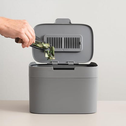 KAZAI. Compost Bin Kitchen 'Elin' | 1.2 GAL / 4.5L Countertop Compost Bin with Lid & Carbon Filter | Odor-Free, Dishwasher Safe, with Inner Bucket | Small Indoor Kitchen Composter | Stone-Gray