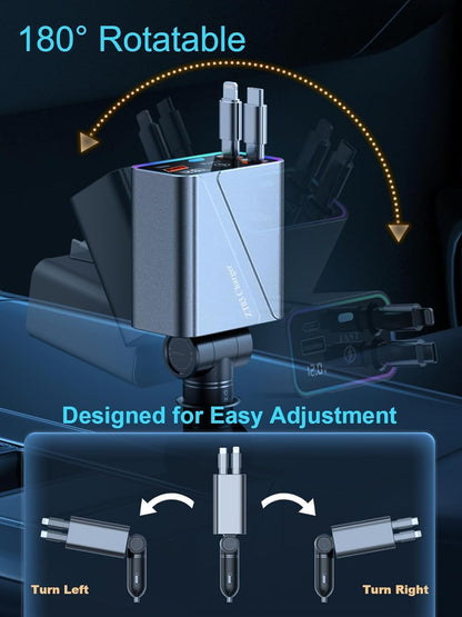 4 in 1 Retractable USB C Car Charger Adapter - 146W/65W Fast Charging, 35.43in Cord, Gift for Men & Women, Compatible with iPhone 16/15/14/13/12 & Android