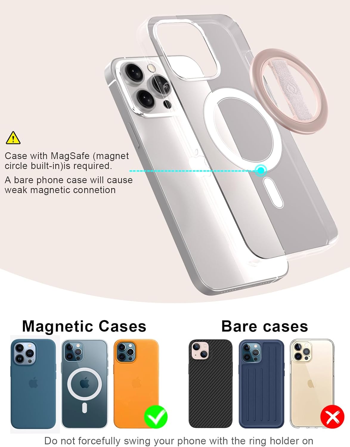EWA MagOne Lite 3rd Gen Cell Phone Ring Holder, with Replaceable 360° Rotation Elastic Finger Strap, Phone Grip Compatible with iPhone MagSafe,15,14,13 Pro/Max/Plus-(Pink)