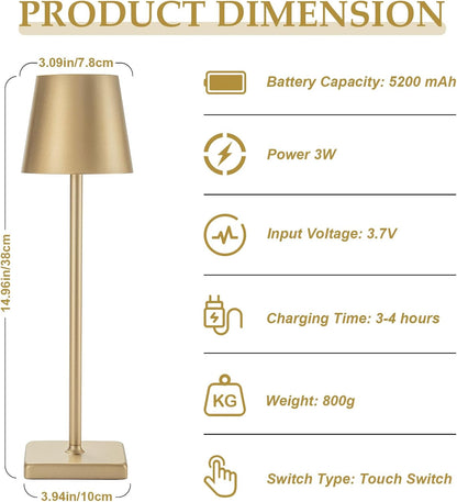 HASUN Gold Cordless Table Lamp, Aluminum Shell LED Rechargeable Desk Lamp, 3W 5200mAh Battery Operated Table Light, 3 Color Stepless Dimming Up Waterproof for Living Room/Indoor/Outdoor (Gold)