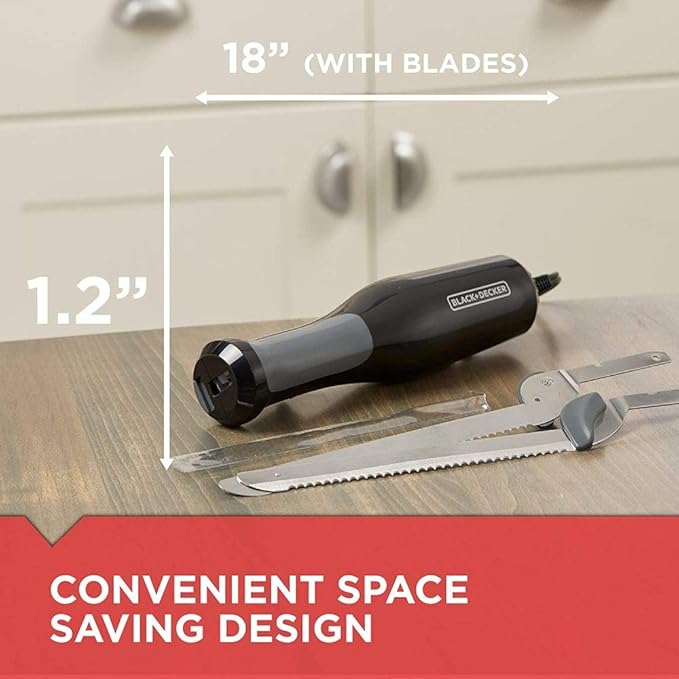 BLACK+DECKER 9 inch Electric Carving Knife, Comfort Grip Handle & Safety Lock Button, Stainless Steel Blades and Dishwasher Safe Parts, Corded, White