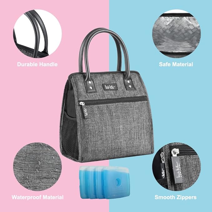 Nicole Miller Insulated Lunch Bag Tote Thermal Soft Side Wide-Open Cooler Ice Bag Lunch Box for Food with Drink Bottle Holder