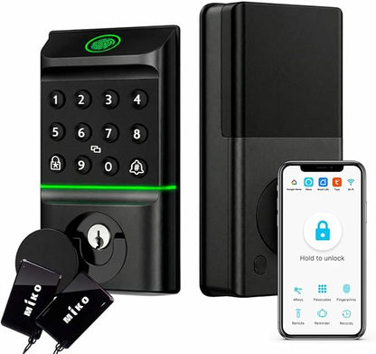Miko i7 App & WiFi Smart Lock for Front Door - Fingerprint Keyless Entry Door Lock Deadbolt with Key Fob, Keypad, Auto Lock and Doorbell for Front Door, Waterproof & Easy Installation, Black