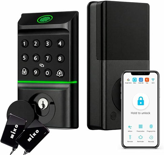 Miko i7 App & WiFi Smart Lock for Front Door - Fingerprint Keyless Entry Door Lock Deadbolt with Key Fob, Keypad, Auto Lock and Doorbell for Front Door, Waterproof & Easy Installation, Black