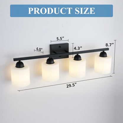 Milk Glass Vanity Lights for Bathroom, 4 Light Matte Black Bathroom Light Fixtures Over Mirror, Ceramic E26 Sockets Wall Mounted