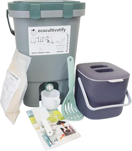 18.8L Bokashi Bucket with Snap-Locked Lid, 5 Gallon Compost Bin, Kitchen Composter with Bran, Kitchen Compost Pail, ecocultivatify Bokashi Kit Set with Starter (Grey & Dark Green)
