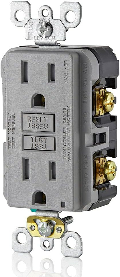 Leviton GFCI Outlet, 15 Amp, Self Test, Tamper-Resistant with LED Indicator Light, Protection from Electric Shock and Electrocution, GFTR1-GY, Gray