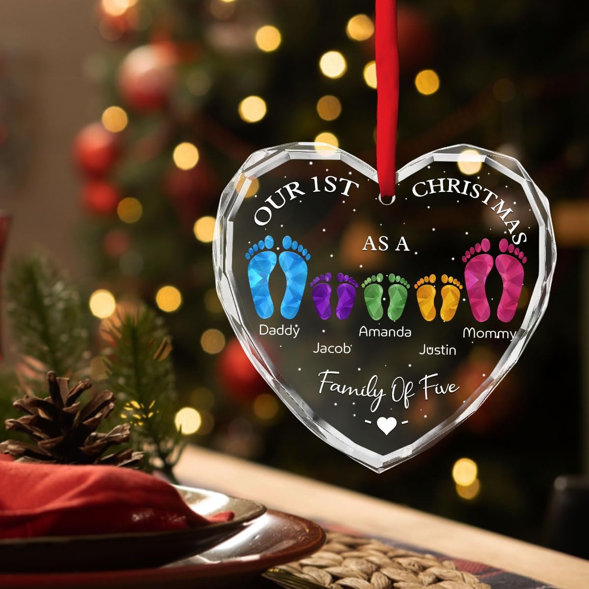 First Christmas As A Family - Personalized Custom Glass Ornament for Family of 7 People and Pets, 1st Xmas Family Ornament 2025 Baby's First Christmas