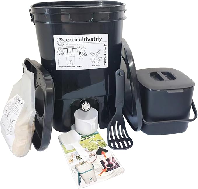 20L Bokashi Bucket with Air Sealing Lid, 5.28 Gallon Compost Bin, Kitchen Composter with Bran, Kitchen Compost Pail, ecocultivatify Bokashi Kit Set with Starter(Black)