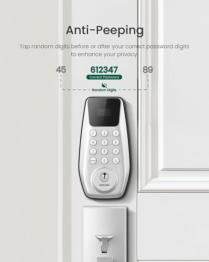 DESLOC C100 Keyless Entry Door Lock with Handle Set, Smart Deadbolt Lock for Front Door with 2 Keys, Auto Lock, 100 PIN Codes, Passage Mode, IP54 Waterproof, 12 Months Battery, Sliver