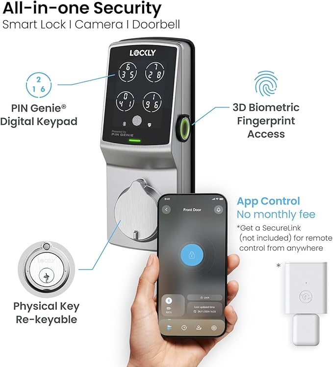 Lockly Secure Plus, Keyless Entry Door Lock, Smart Locks for Front Door, Smart Lock Deadbolt, PIN Genie® Keypad, 3D Biometric Fingerprint Sensor, Auto Lock Smart Door Lock