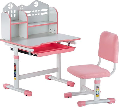 VEVOR Kids Study Chair and Desk Set, Study Desk and Chair for Kids with Bookshelf and Storage Drawer, Adjustable Height Kids Study Desk with Chair, Children Study Table for Bedroom & Study Room, Pink