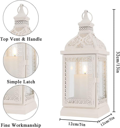TRIROCKS Rustic Style Metal Candle Lantern 13'' High Decorative Outdoor Lantern Candle Holder with Tempered Glass for Thanksgiving Christmas Living Room Garden Patio Parties Indoors Outdoors (Cream)