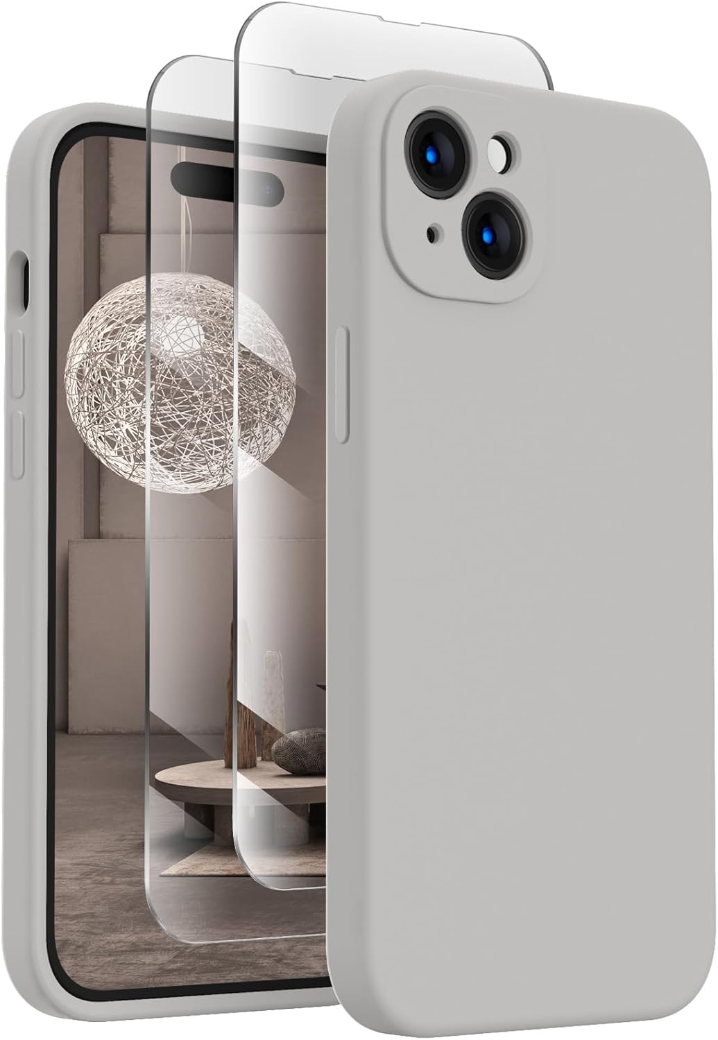 FireNova Designed for iPhone 15 Plus Case, Silicone [Camera Protection] Case with [2 Screen Protectors], Soft Anti-Scratch Microfiber Lining Inside, 6.7 inch, Natural Titanium