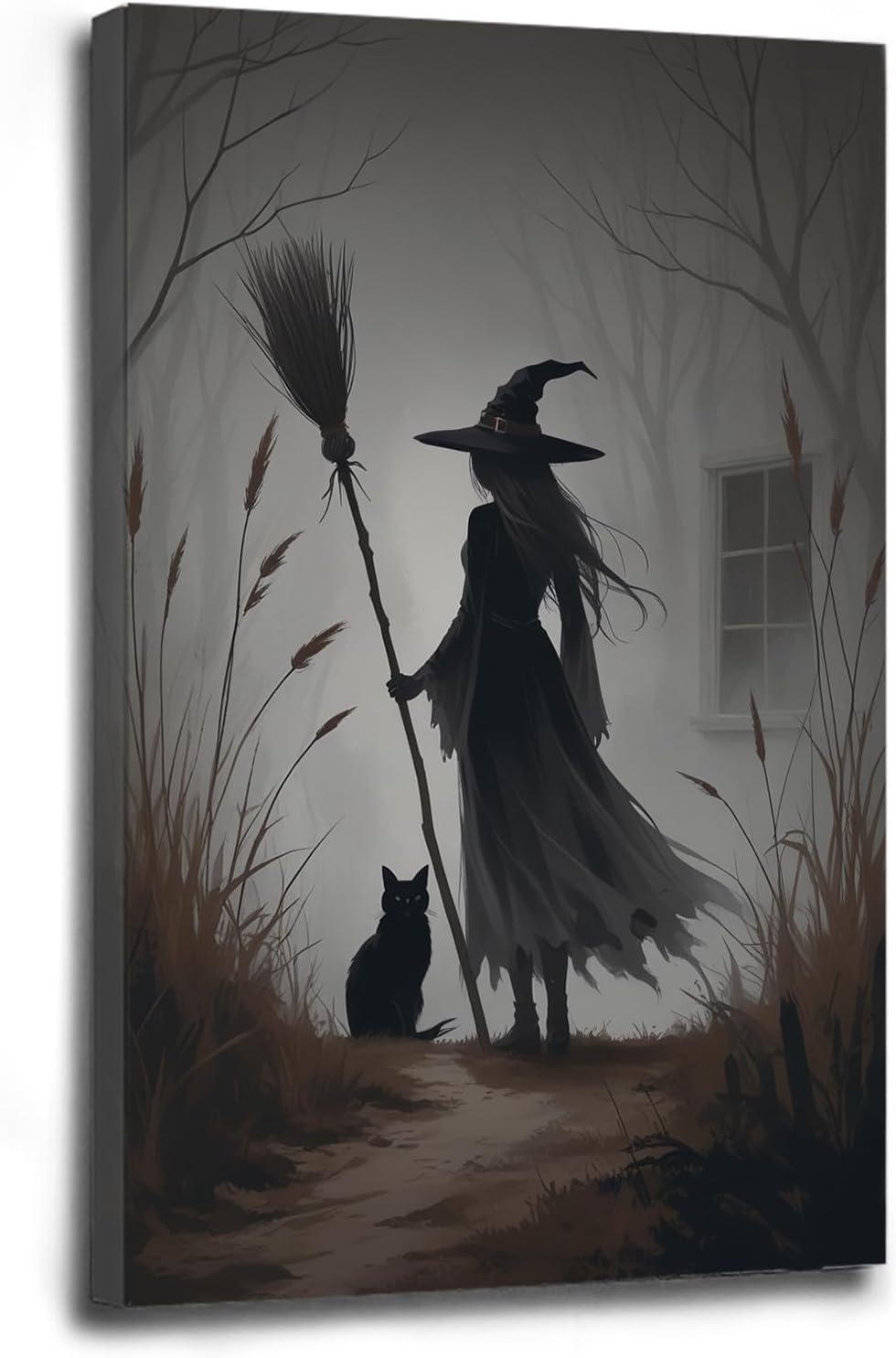 Vintage forest witch and black cat poster Halloween mural poster decoration mural art magic suitable for home living room bedroom12x16in Wood Framed