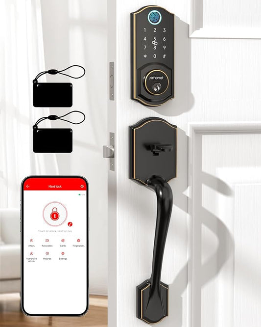 Smart Door Lock with Handle Set: SMONET Front Door Lock Set Keyless Entry, Fingerprint Keypad Bluetooth Alexa Deadbolt Lockset Suitables for Rental Management and Smart Home Residents