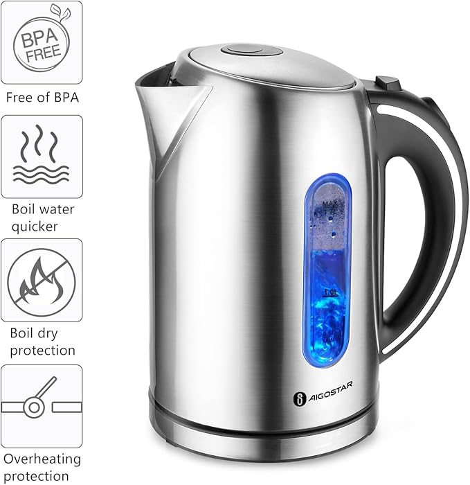 Aigostar King - Electric Kettle Stainless Steel, 1.7 Liter Cordless Tea Kettle, 1100W Hot Water Kettle with Auto Shut-Off, BPA-Free