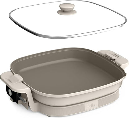 bella Make & Take XL Electric Skillet, Fits-anywhere™ kitchenware, EverGood™ Ceramic Coating, Adjustable Temperature & Dishwasher-Safe Tempered Glass Lid, Cast Aluminum Base, 1200 Watt, Oatmilk