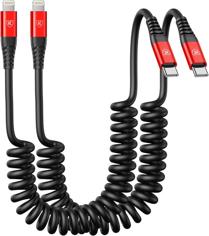 KIYODA USB C to Lightning Cable 6FT 2Pack, Coiled iPhone Charger USB C Fast Charging for Car Short iPhone Cord for iPhone14/13/12/11 Pro Max/iPad/CarPlay-Red