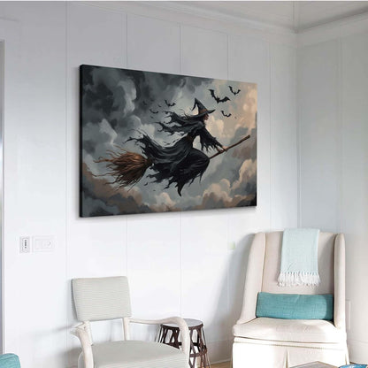 Witch and bat flying Halloween poster suitable for home party wall decoration retro Halloween preppy style wall art canvas print suitable for room decoration16x24in Wood Framed