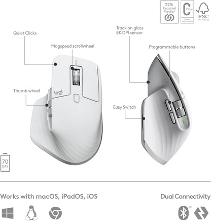 Logitech MX Master 3S Keys S Combo - Performance Wireless Keyboard and Mouse with Palm Rest, Customizable Illumination, Fast Scrolling, Bluetooth, USB C, for Windows, Linux, Chrome, Mac - Pale Grey