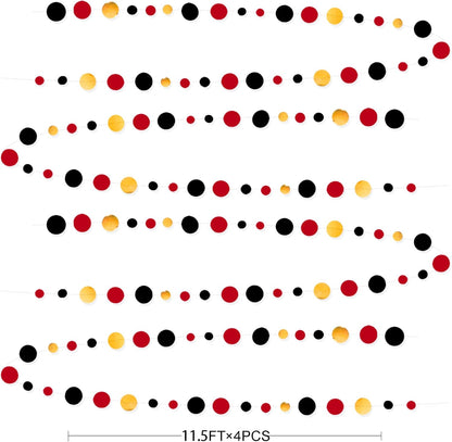 Gold Black Red Party Decorations Circle Dots Streamer Hanging Paper Polka Dots Garland for Graduation Birthday Wedding Anniversary Baby Shower Holiday Pirate Poker Casino Las Vegas Party Supplies