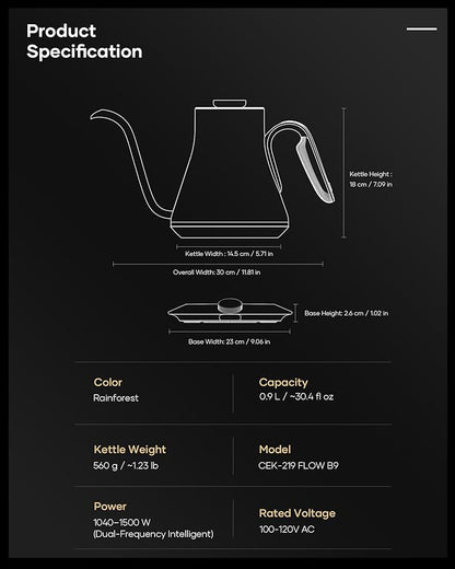 Cocinare Barista Collection Rainforest Gooseneck Electric Kettle, ±1℉ Precise Temperature Control for Pour-Over Coffee & Tea, Quick Heating 1500W, Stainless Steel Interior, 0.9L