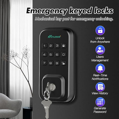 Keyless Entry Door Lock, Smart Lock for Front Door with Digital Keypad, Built-in WiFi Deadbolt, App Remote Control with Easy Installation, Upgraded Battery Life