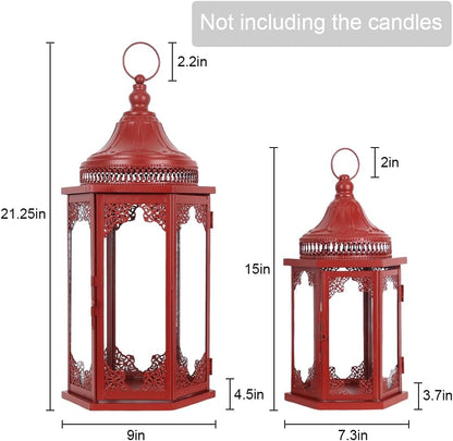 NEEDOMO Christmas Decorations Set of 2, 22''/15'' Christmas Lantern with Glass Panels for Home Decor, Decorative Hanging Lantern Indoor Outdoor for Xmas Table Centerpieces, Porch, Patio(Red)