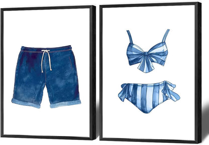 Liyark Set of 2 Retro Navy Blue And White Swimsuit Art Posters Beach Bathing Suit Prints Painting Beach House Wall Art Coastal Wall Decor Pictures For Bathroom Home Decoration 12x16in Framed