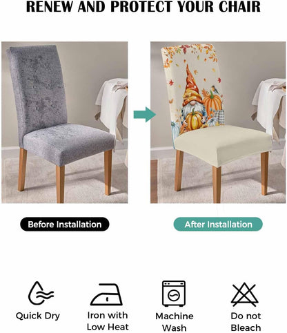 4 Pcs Dining Chair Covers Stretch Spandex Slipcovers Farm Thanksgiving Gnome Pumpkin Removable Washable Dining Room Seat Cover Cushion Protector for Home Hotel Banquet Decor Fall Maple Leaves Linen