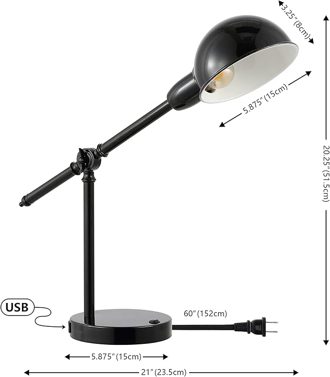 JONATHAN Y 20.25" Black Vintage Industrial Iron Adjustable Task Lamp with USB Charging Port for Office Desk, Metal Yellow Dome Shade, LED Bulb Included JYL7123A