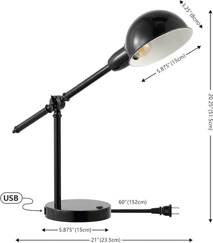 JONATHAN Y 20.25" Black Vintage Industrial Iron Adjustable Task Lamp with USB Charging Port for Office Desk, Metal Yellow Dome Shade, LED Bulb Included JYL7123A