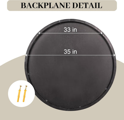 35" Round Wood Mirror, Large Wooden Round Mirror, Wood Round Mirrors for Wall Decor, Rustic Circle Wall Mirrors for Entryway, Living Room, White Washed Frame
