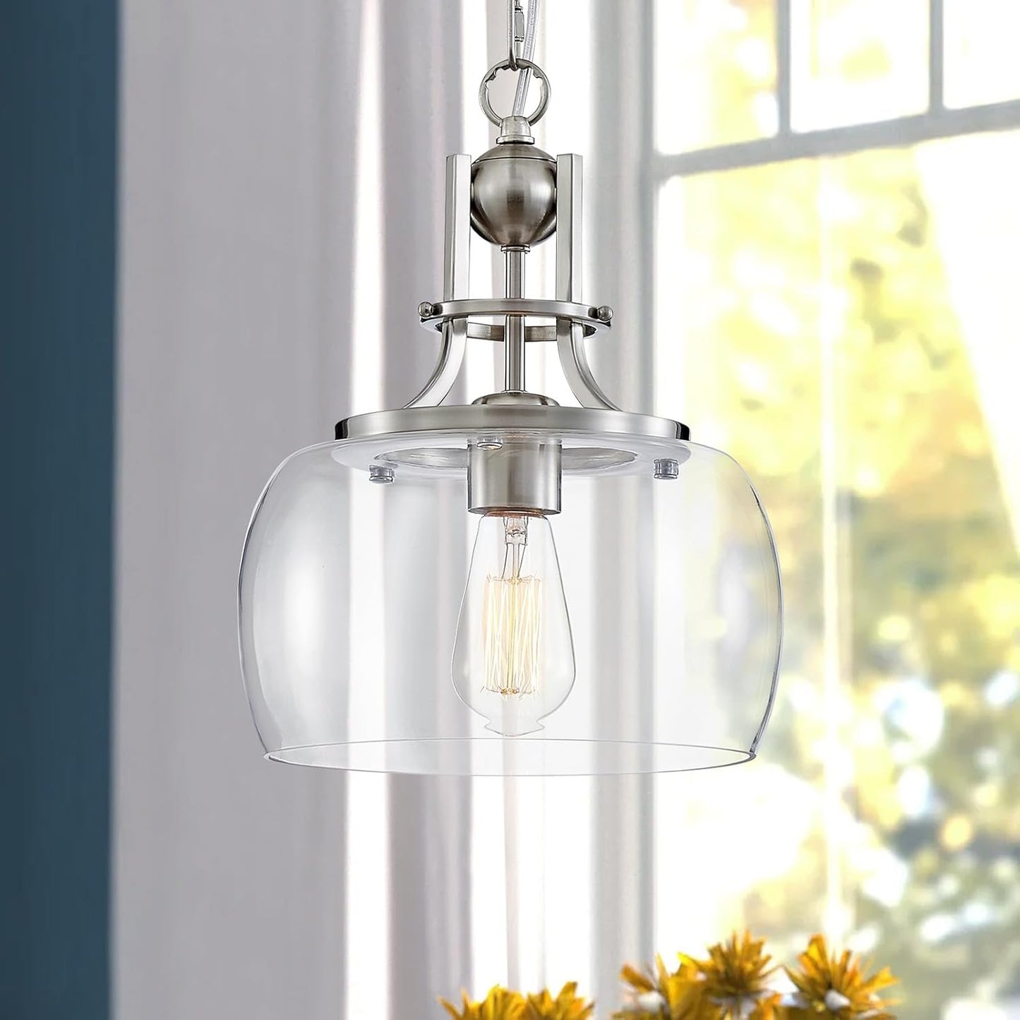 WUZUPS Chandelier Rustic Farmhouse Industrial Round Ceiling Pendant LED Light Fixture with Clear Glass Shades for Dining Room Kitchen Island Foyer Entryway, H 13" x W 10", E26 Base, Brushed Nickel