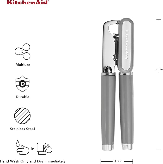 KitchenAid Classic Multifunction Can Opener and Bottle Opener Easy to Use, Razor Sharp Stainless Steel Cutting Wheel, Soft Ergonomic Handles, Gray