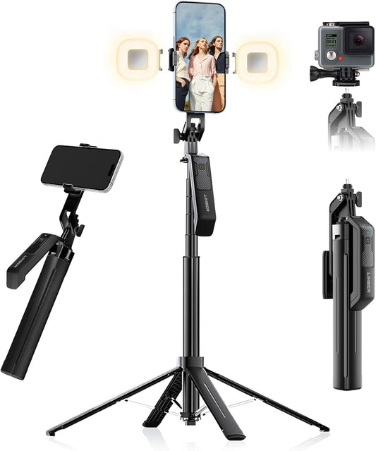 71" Phone Tripod Selfie Stick with Wireless Remote & 2 Fill Lights, Extendable Phone Stick for iPhone, Android, Camera & GoPro, S30 Portable Travel Tripod for Vlogging, Live Streaming(Black)