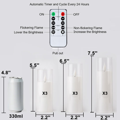 Amagic Pure White Flameless Candles, Battery Operated Candles, Acrylic Flickering LED Pillar Candles with Remote Control and Timer, 3D Wick, Yellow and Blue Glow, D2.2 xH5 6" 7", Set of 9