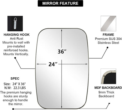ANDY STAR Brushed Nickel Bathroom Mirror, Large 24x36’’ Brushed Nickel Metal Framed Oblong Wall Mirror, Modern Nickel Oval Vanity Mirror