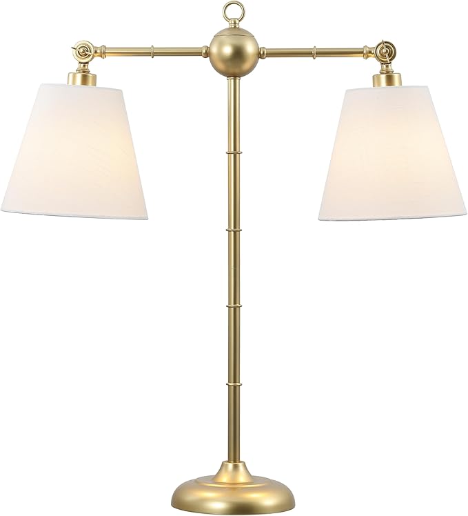JONATHAN Y 31" Gold 2-Light Contemporary Farmhouse Adjustable Iron Library LED Table Lamp, White Linen Shades for Living Room Office Sideboard, LED Bulbs Included JYL3074A